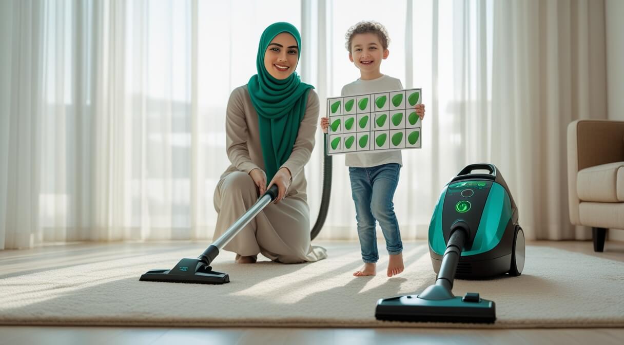 یک مادر و فرزند به دوربین نگاه میکنند و درحال صرفه جویی انرژی درجاروبرقی هستند